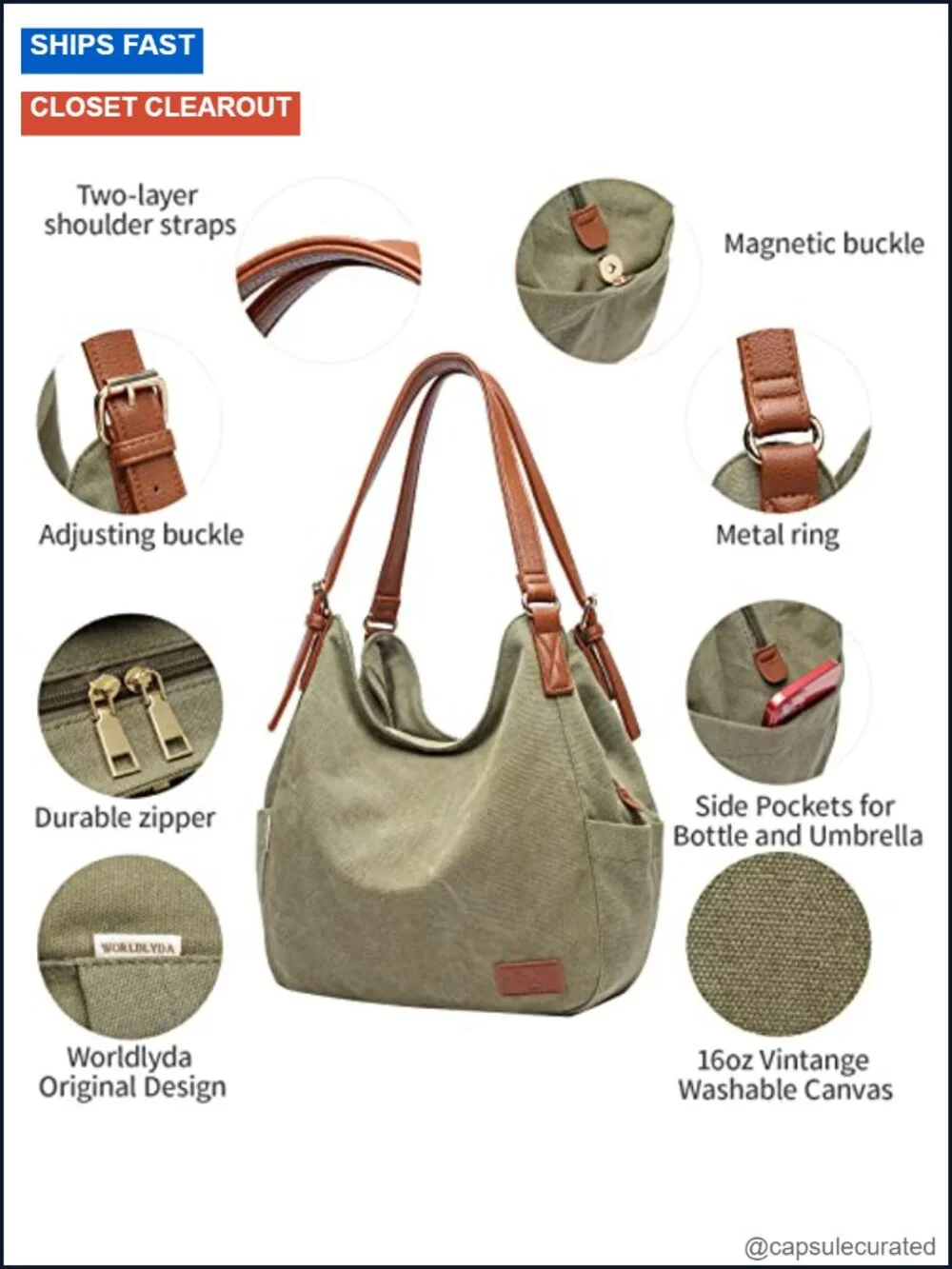 Women Canvas Hobo Purse Multi Pocket Tote Shopper Shoulder Bag Embroidery Ethnic